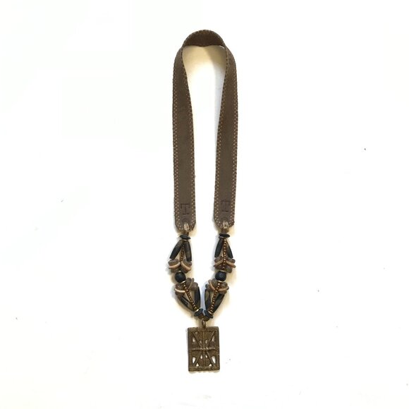 Twine & Twig Medallion Tribal Beaded Necklace Womens Suede Strap Brown Bronze - Picture 1 of 11
